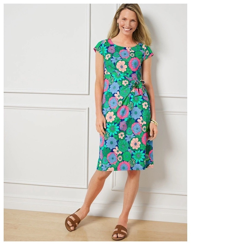 Talbots Jersey Tie Front Sheath Dress Womens Sz L Multicolor Floral Cap Sleeve